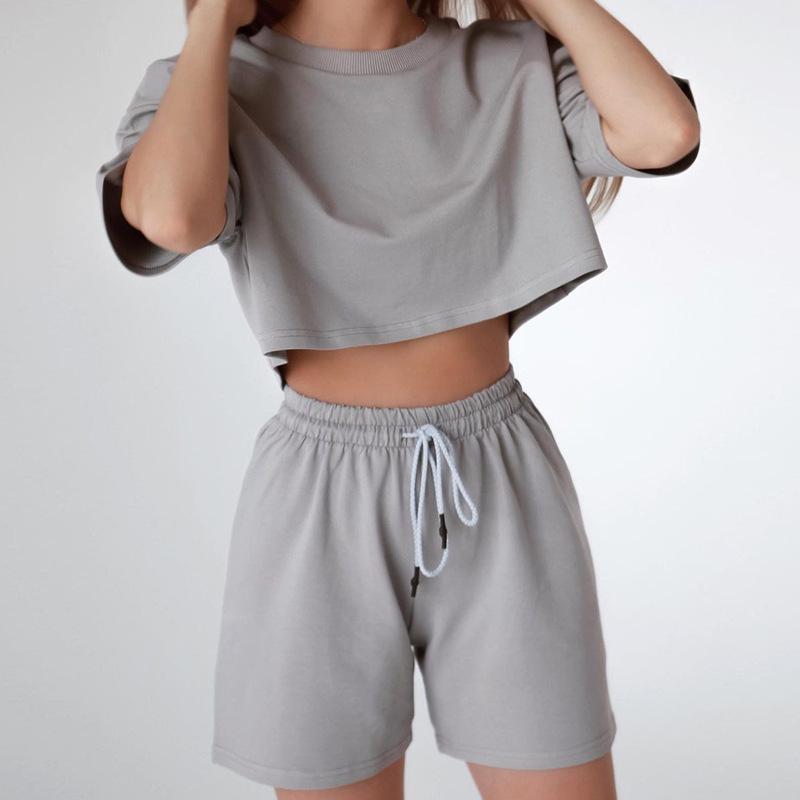 2025 Women's Spring/Summer Solid Color Casual Crop Top & Drawstring Shorts Set