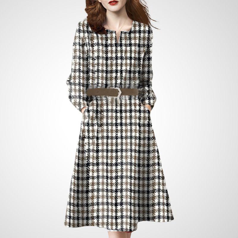 

Европейские товары Клетчатое Свободное Платье с Завышенной Талией и Приталенным Силуэтом Lattice S