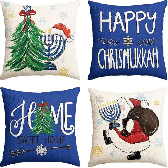 AVOIN colorlife Happy Chrismukkah Santa Menorah Light Home Sweet Home Throw Pillow Covers, 18 x 18 Inch Holiday Hanukkah Tree Star of David Cushion