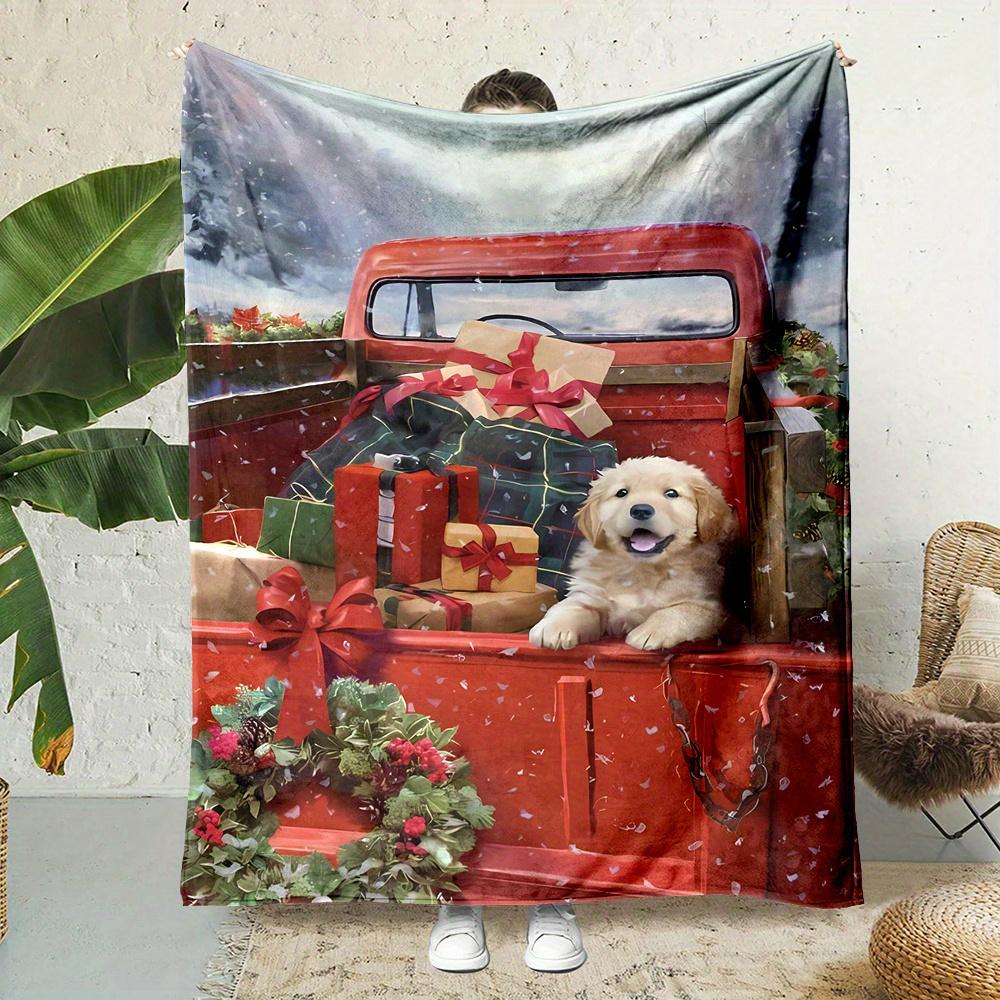 Cozy Christmas Puppy Truck Print Flannel Throw Blanket - Soft, Reversible, All-Season Comfort for Couch, Bed, Office, and Travel