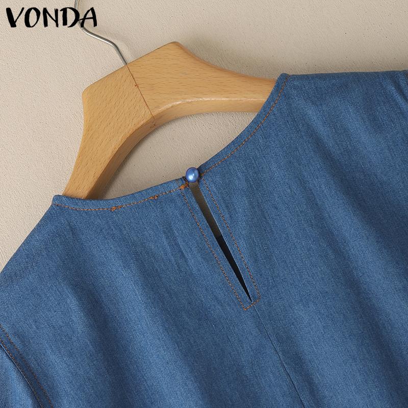VONDA Summer Women Puff Sleeve Demin Blue Casual Tops Blouse