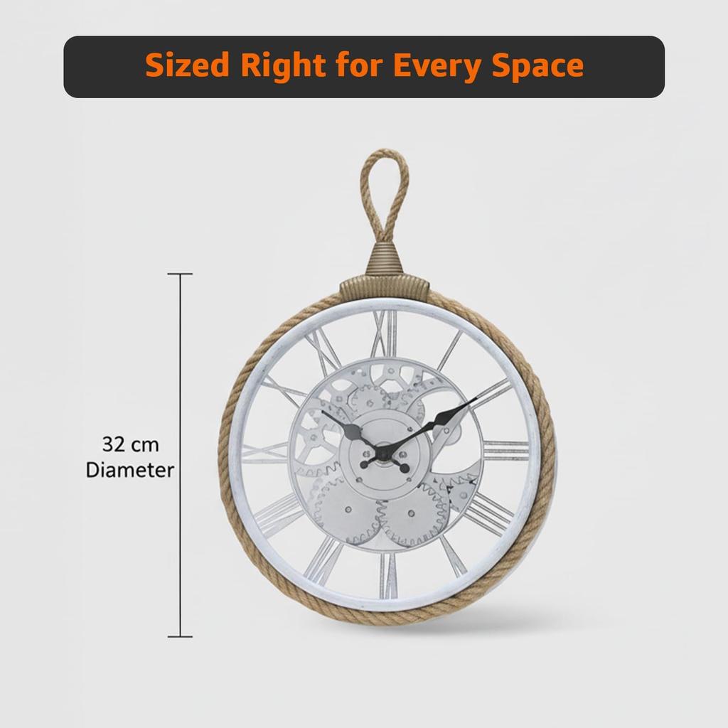 Plastic Wall Clock with Rope for Hanging, Skeleton Dial Design, Lightweight & Durable, 32 cm Diameter x 4.5 cm Width