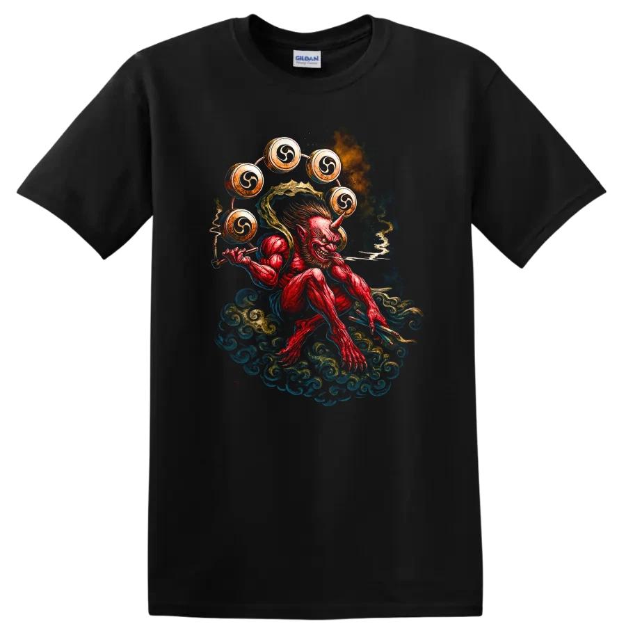 Japanese Demon T Shirt Red Oni Creature Fantasy Art w/ Colorful Clouds Tee