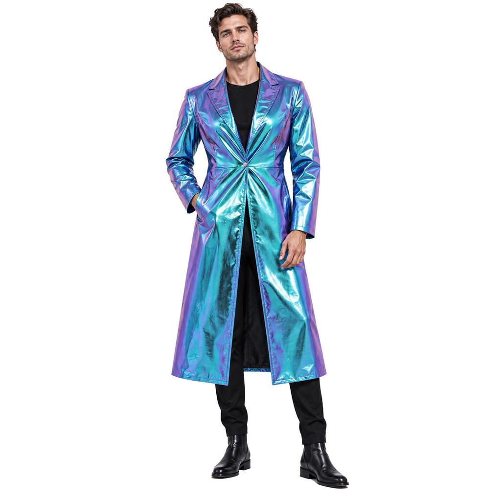 Men Ankle Length Metallic Trench Coat with Turn-down Collar Long Sleeve One Button Closure Jacket for Daily Casual Club Party