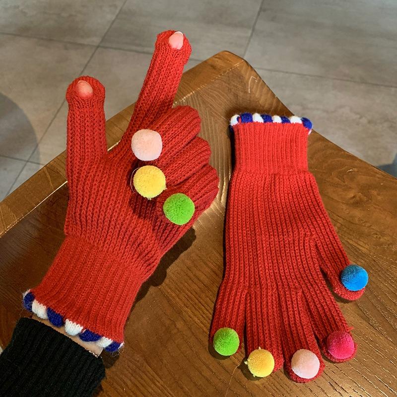 Colorful Ball Gloves for Women in Winter Cute Small Ball Touch Screen Exposed Fingers for Warmth Five Fingers for Cycling Warmth