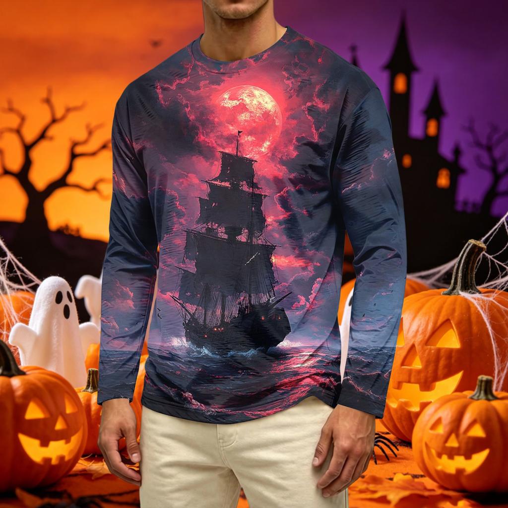 Men's Long Sleeve Casual T-Shirt Crew Neck Printed Halloween Pumpkin Pattern Top Comfortable Fit Lightweight Fabric