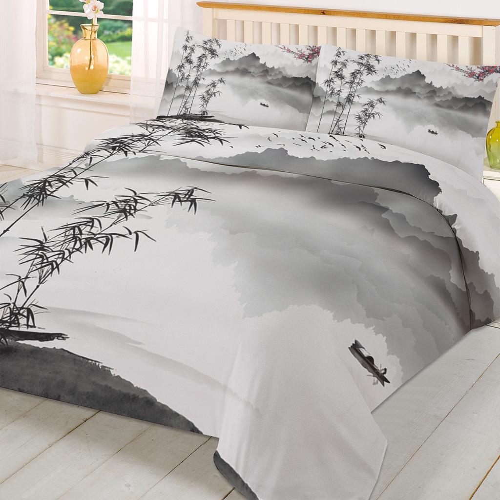 Lightweight Cozy Double Quilt Chinese Ink Landscape Painting Polyester With Pillow Case Custom 3pcs Bed Home Textile