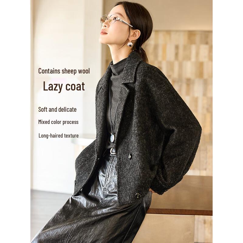 

Women s 2025 Winter Herringbone Wool-Blend Lapel Coat L