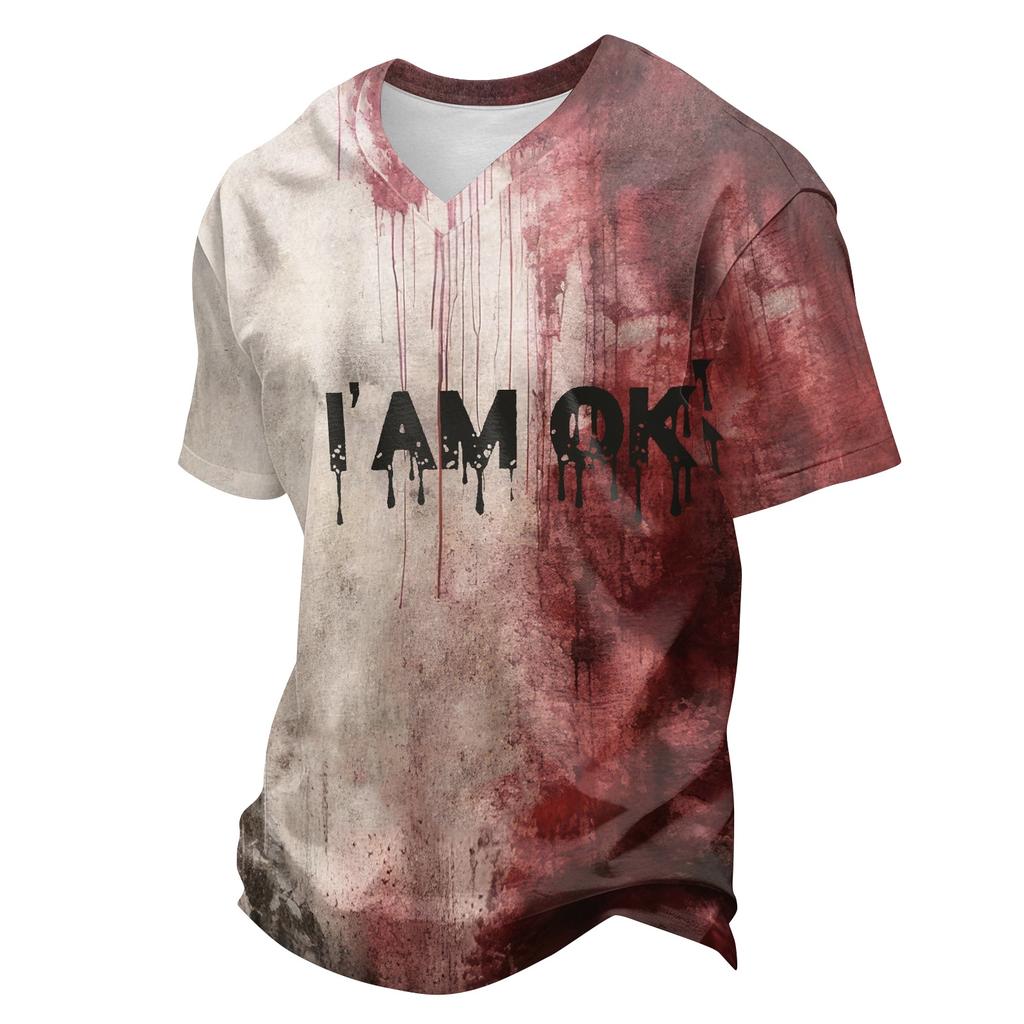 Men's Halloween V-Neck Short Sleeve T-Shirt, Lightweight Breathable Casual Print Tee, Fun Holiday Top for Costume Party