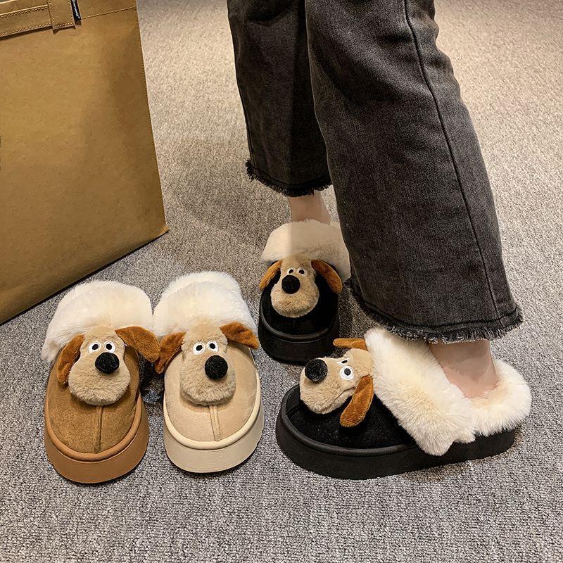 Cute Cartoon Dog Bag Head Half Slippers Women's 2025 Autumn and Winter New Thick-soled Indoor Non-slip Velvet Warm Cotton Shoes