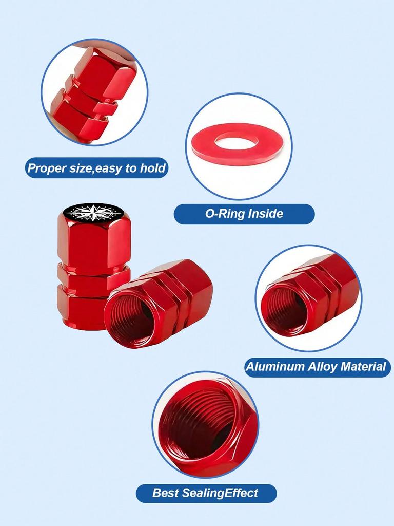 4Pcs Compass Aluminum Alloy Valve Caps, Hex Leak-Proof Tire Valve Covers, Stylish Wheel Hub Accessories
