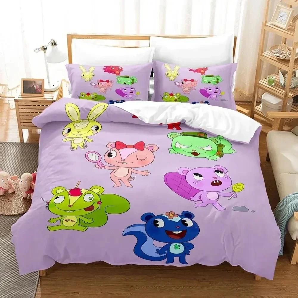 Juego de Ropa de Cama de Dibujos Animados Happy Tree Friends Funda Nórdica Juego de Cama Funda de Colcha Funda de Almohada Edredón tamaño King Queen Niños Ropa de Cama para Adultos