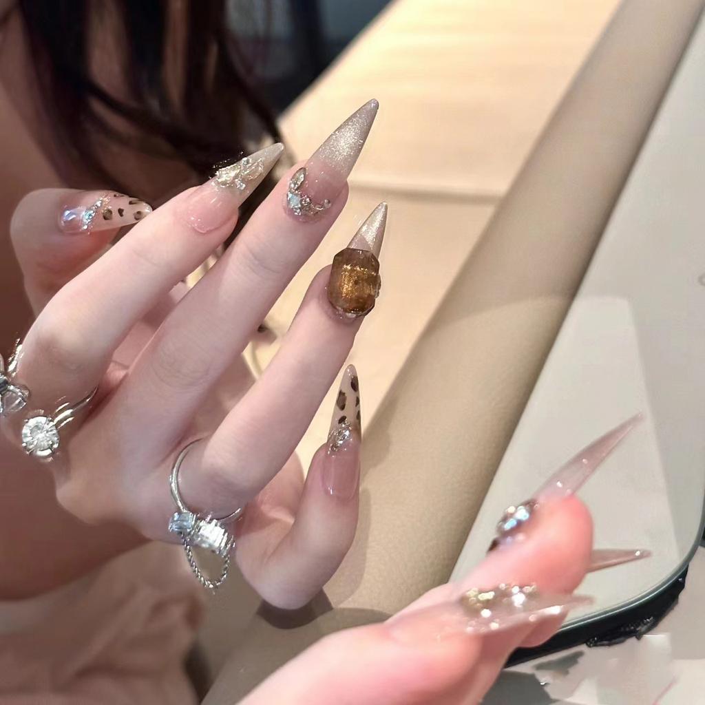 Noszenie Zbroi Ręcznie Robiona Wysokiej Klasy Atmosfera Koci Oko Francuski Manikiur w Panterkę Zdejmowalny