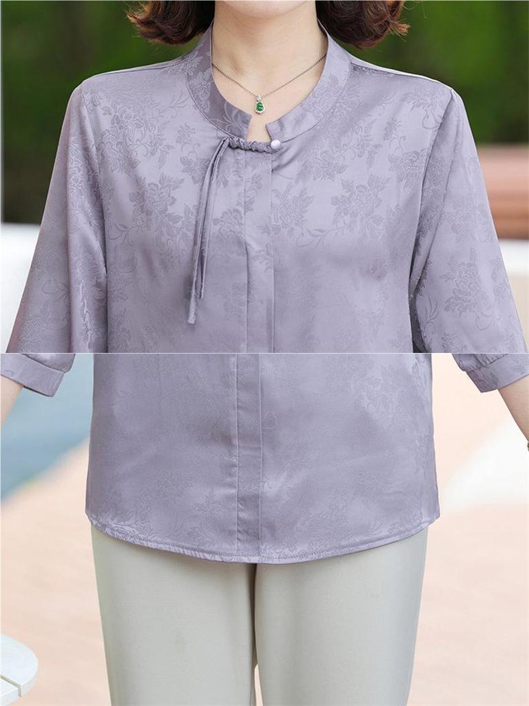 New Chinese Style Summer Blouse for Moms, National Design, Middle-Aged Women's Three-Quarter Sleeve Top for Spring/Summer.