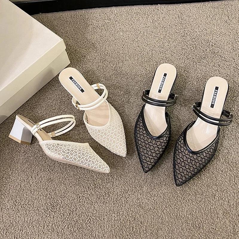 2026 New Sandals for Women Large Size Mid Heels Mesh Breathable Slippers Sexy Pointed Toe Versatile Outwear Solid Color Shoes