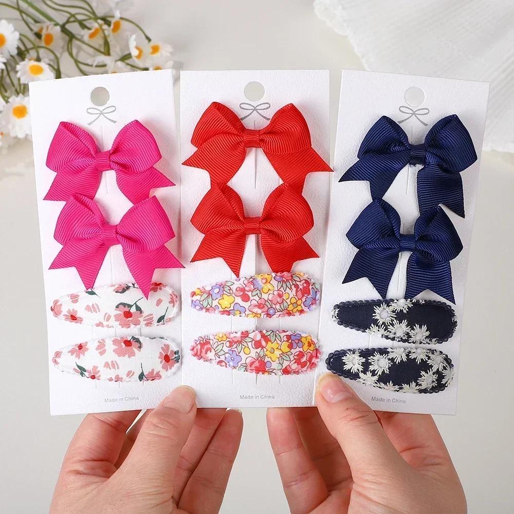 RAINBOW BOWS 4Pcs/Set Solid Bowknot BB Hair Clips Set for Girls New Handmade Hairpin Barrettes Headwear Kids Hair Accessories