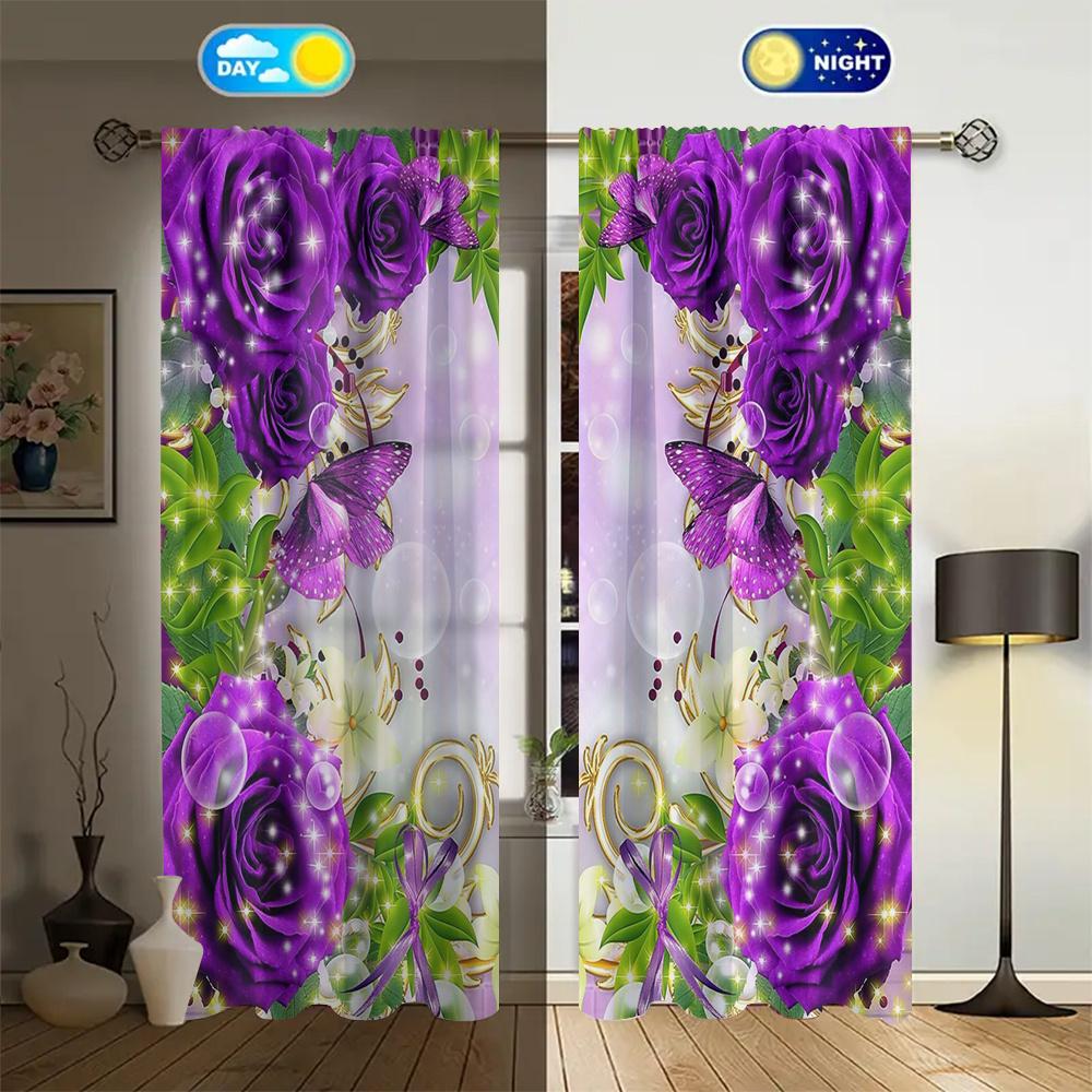 2Pcs Polyester Shiny Purple Rose Printing Window Curtains Birthday Party Decoration Backdrop Drapes for Living Room