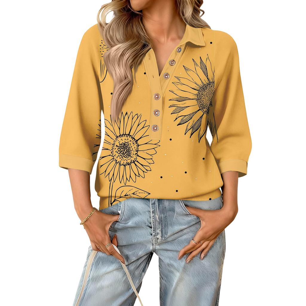 Damen modisches und lässiges Sommer V-Ausschnitt Patchwork Dreiviertelarm Blumenoberteil
