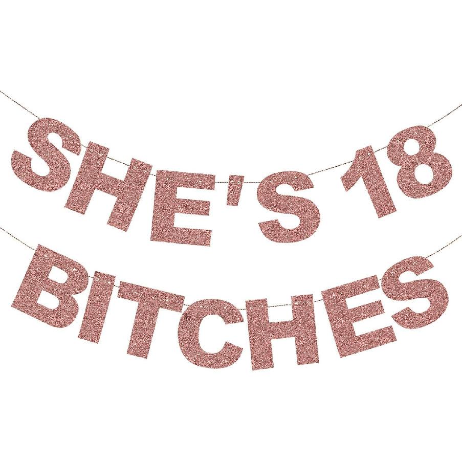 Pre-Strung She s 18 Bitches Banner Funny Girl 18th Birthday Decorations for Her Girls Rose Gold Glitter Happy 18th Birthday Supplies Banner Theme