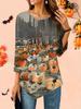 Women's Loose Round Neck Three Quarter Sleeve Tee 3D Halloween Pattern Ideal Halloween and Christmas Gift