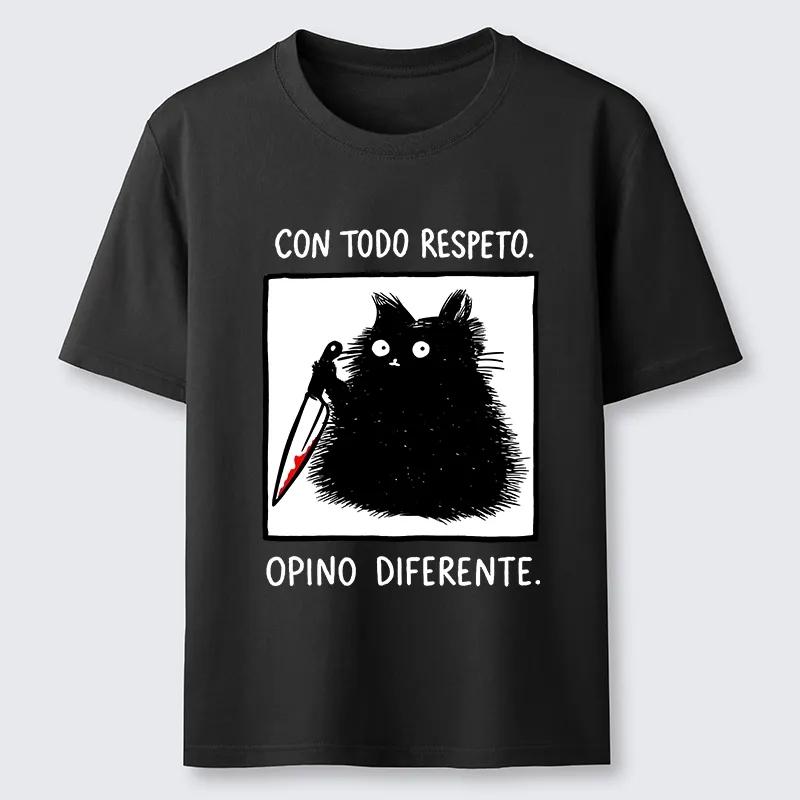 

Black Cat Holds Knife Disagrees T-Shirt Men s and Women s Summer Cotton Clothing Harajuku Fashion Round Neck Short Sleeve Top... S разноцветный