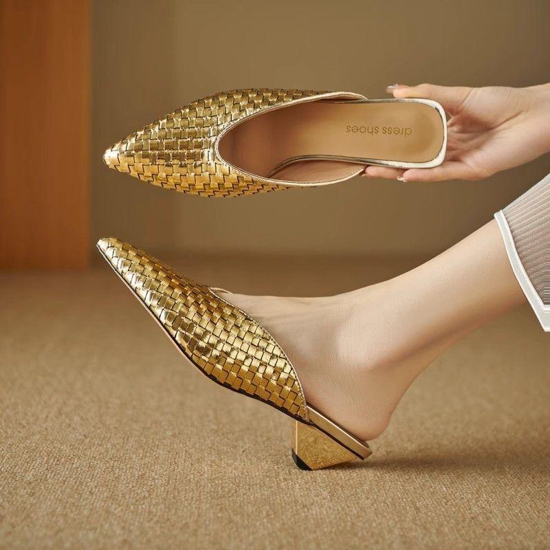 Shoes for Women Gold Slides with Heel Woman Mules Slippers Pointed Toe Shoe Original Elegant and Fashionable Low Price Sandals