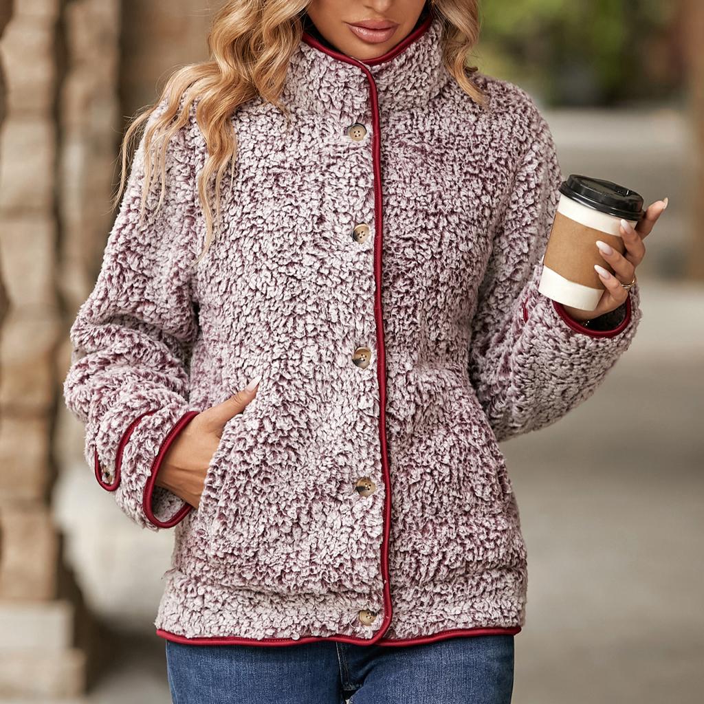 Jachete din lână Sherpa pentru damă, iarnă, călduroasă, cu guler ridicat, haină de pluș cu nasturi, îmbrăcăminte cu mânecă lungă, cu buzunare Jachetă de blană artificială pentru femei