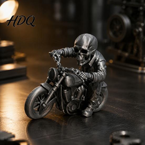 Unique Desktop Accessory 3D Printed Skull Motorcycle Rider Statue, Cool Gothic Biker Skeleton Ornament Figurine, Motorbike Sculpture Car Decor