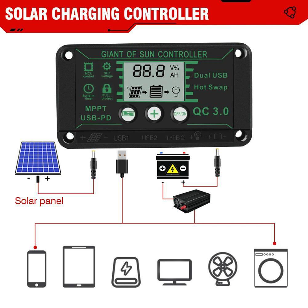 For Harsh Outdoor Environments Digital Display Charge Controller 12V 24V Solar Charger Compact Size Overcharging Protection