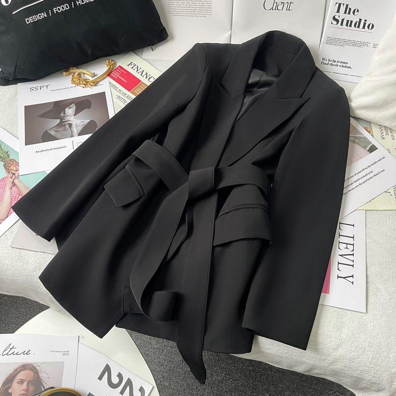 

2025 Spring & Fall Small Work Clothing Black Tie Suit Fried Street Female K-style Belt Easiest for Match Suit Slimming Coat Black S(Below 50.00kg)