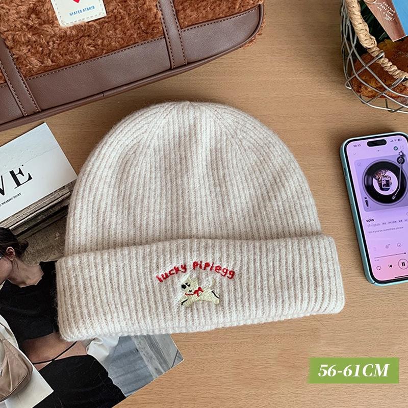 

Winter Warm Knitted Wool Hat Embroidery Puppy Ear Protection Beanie Windproof Thermal Anti-cold Slouchy Outdoor Running Cap белый