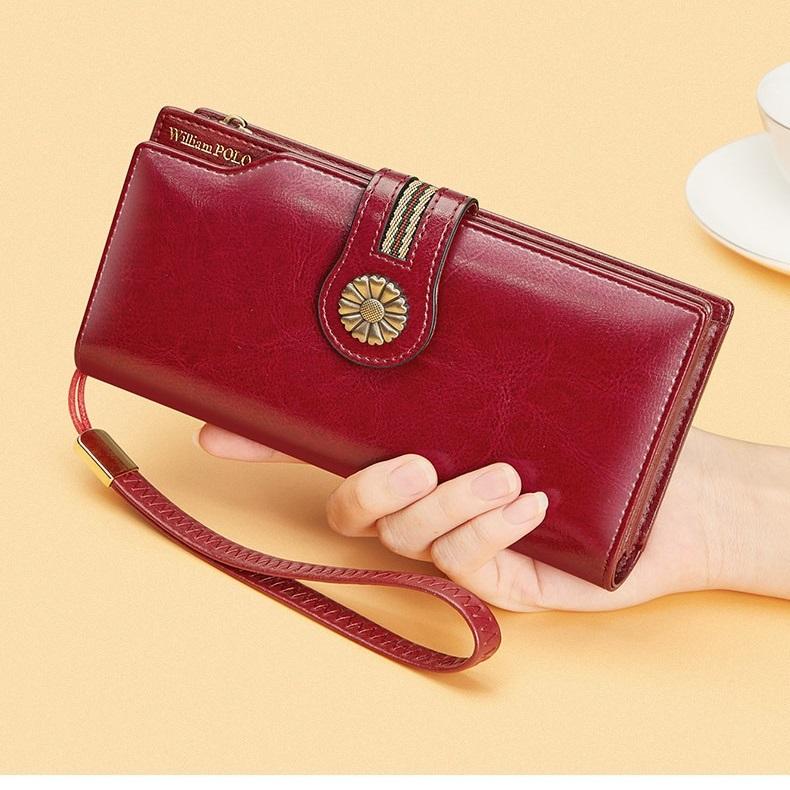 Women's High-end Genuine Leather Wallet Long Cowhide Wallet Anti-theft Brush Retro Wallet