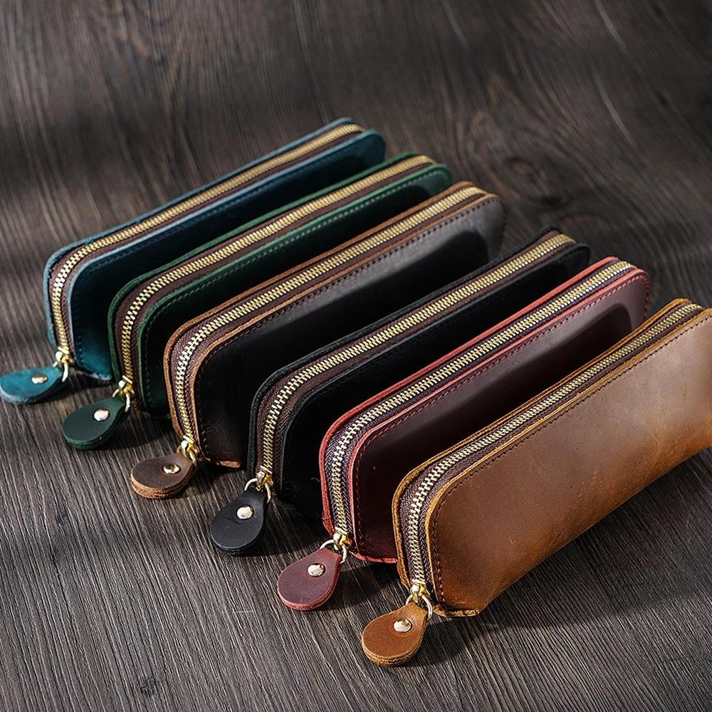 2026 Crazy Horse Leather Zipper Pencil Bag Handmade Leather Pencil Bag Creative Fashion Stationery Retro Pen Storage Bag