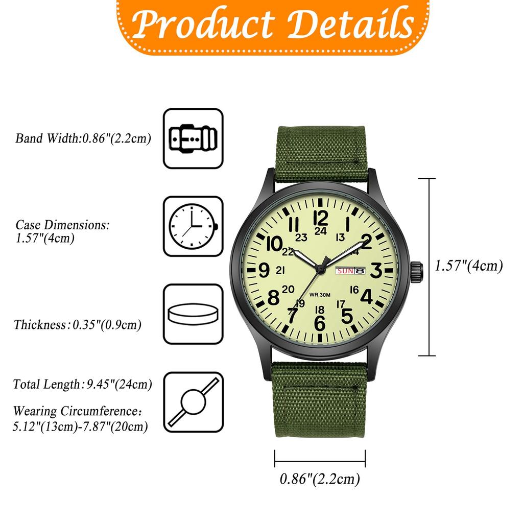 Men's Military Watch with Nylon Strap, Waterproof, Luminous Analog Display, Calendar, Upgraded Edition, Simple and Stylish Sports Watch, 1224 Quartz