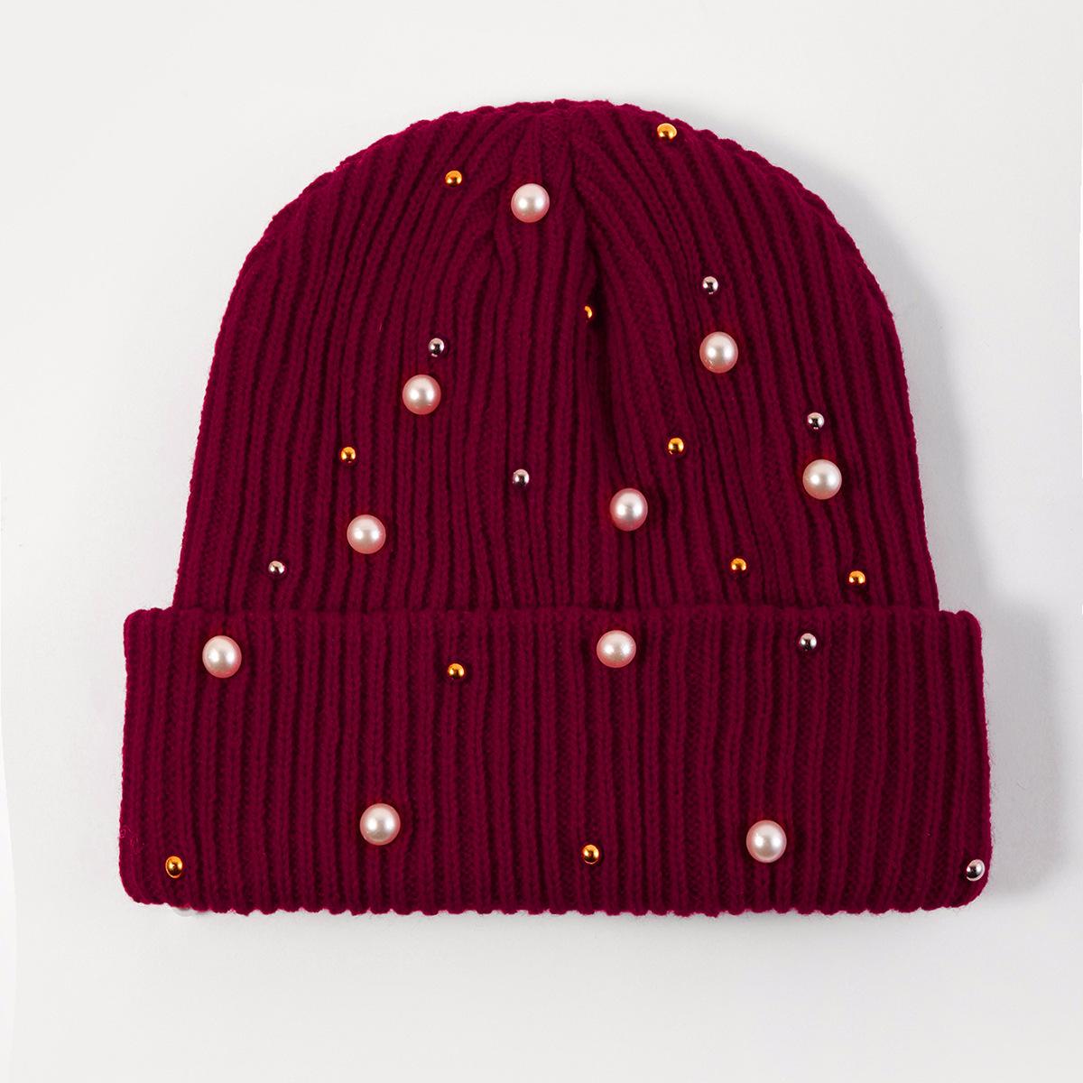 Autumn And Winter Hat Women S Wool Hat Fashion Pearl Embellishment Cold Hat Wool Hat Winter Warm Knitted Hat one size fits all бордовый