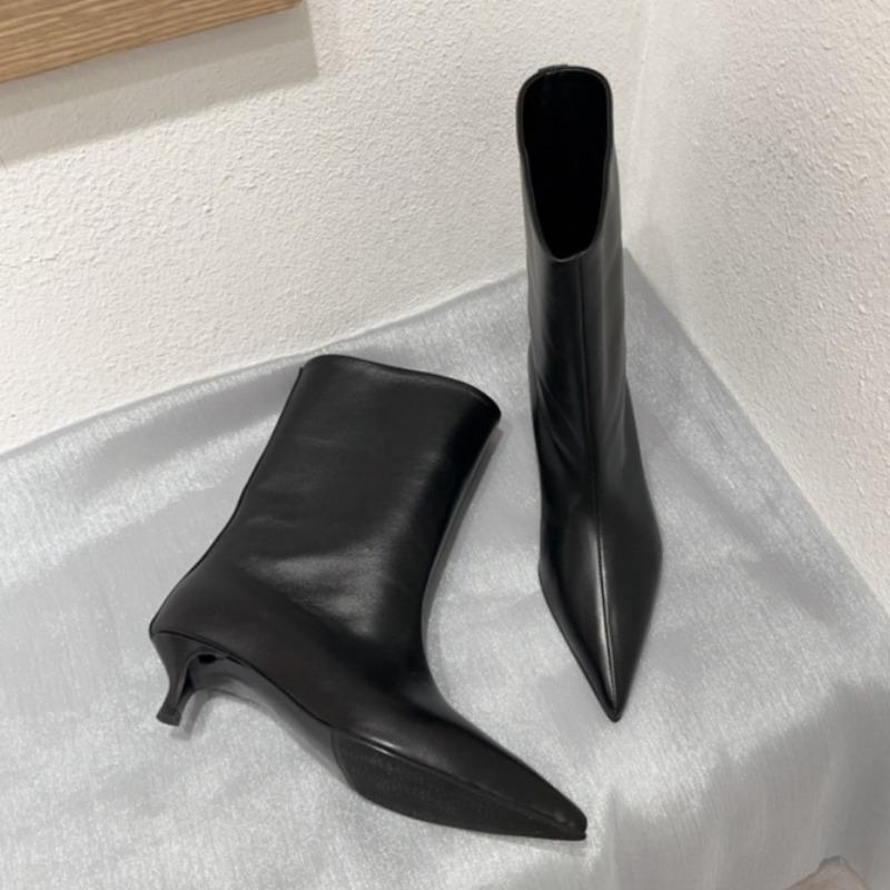 Fashion 2025 New Women Heeled Short Boots Fashion Leather Pointed Toe Shoes Designer Elegant Dress Pumps Winter Classical Zapatos Mujer