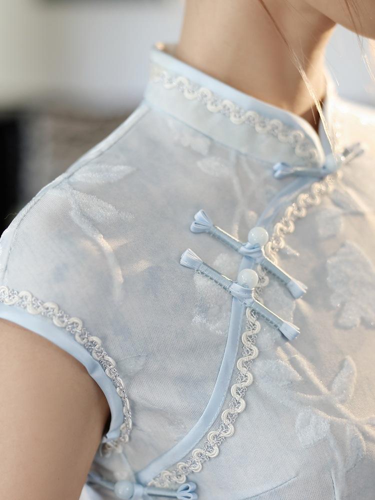 Bei Zhiyun yellow knitted jacquard long literary cheongsam women's 1011 spring new girls short sleeves young work wear
