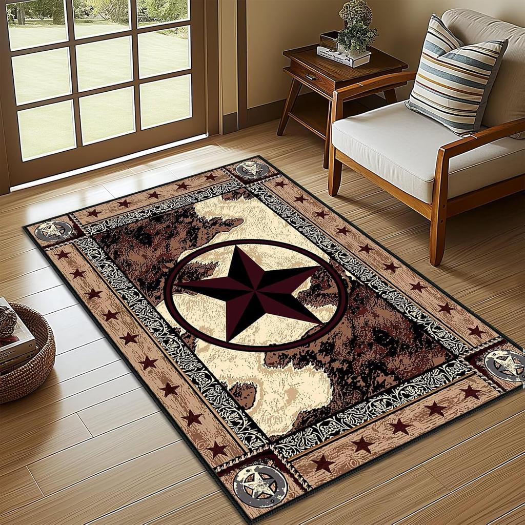Western Texas Star Print Area Rug, Cowhide & Maroon Star Design Non-Slip Floor Mat for Entryway Living Room Home Decor Carpet