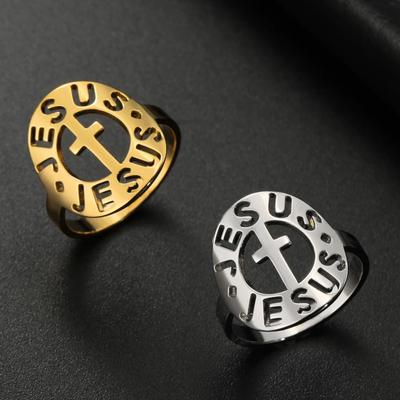 LIKGREAT Classic Lord Jesus Fish Cross Finger Rings Women Men Stainless Steel Retro Christian Religious Blessing Amulet Jewelry
