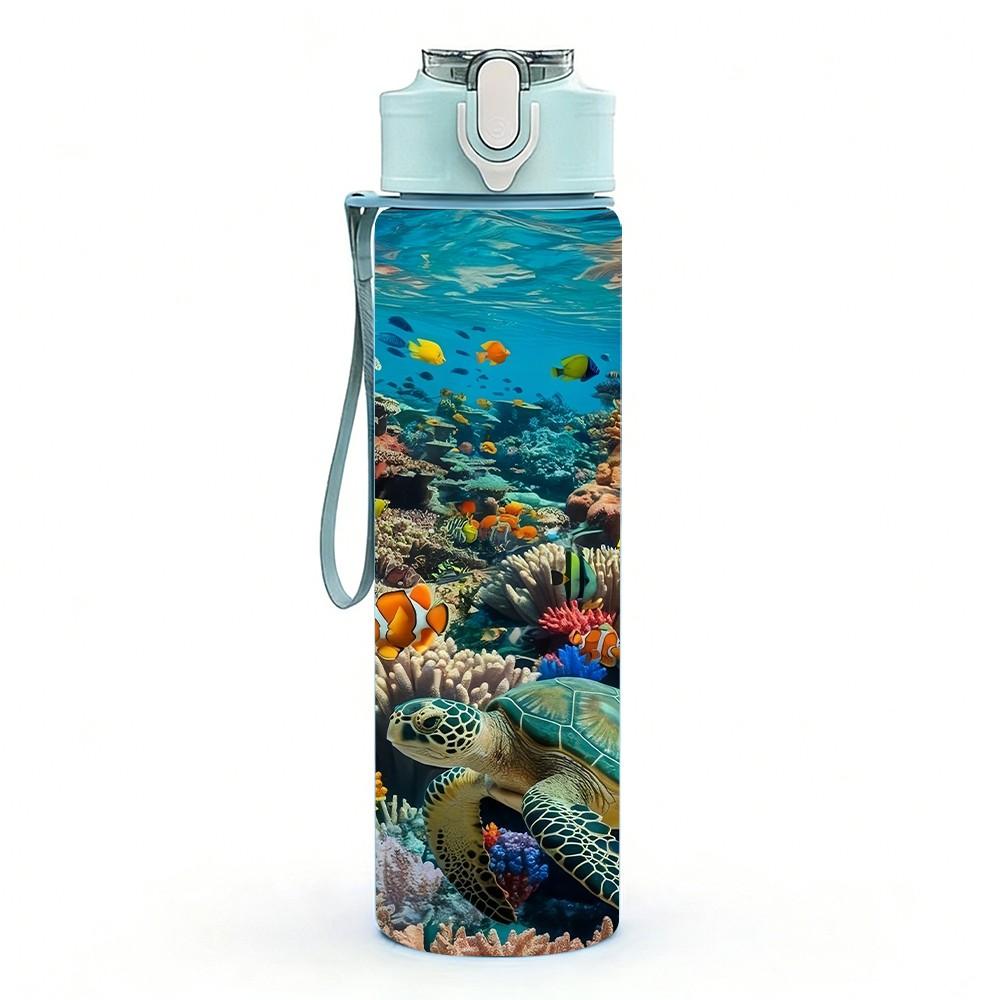 1PC Coral Reef Underwater Ocean Scene Print 750ml Color Plastic Sports Water Bottle Leakproof Flip Straw Lid Suitable for Sports Office Home Use