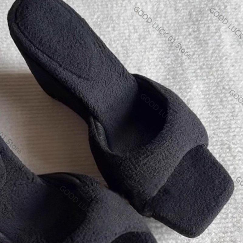 Fashion 2025 Slip Belt Wedge Heels Women's Niche Fashion Versatile Bread Plush Fleece Square Toe Slippers