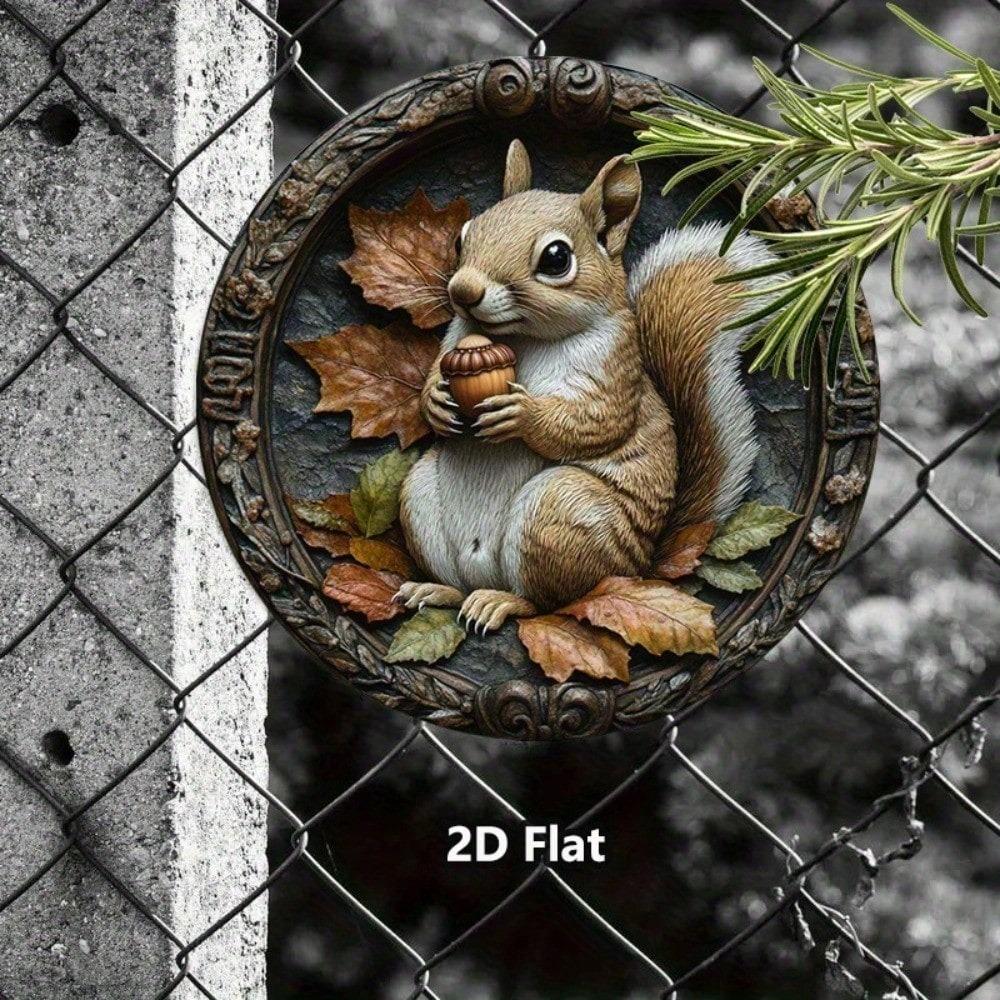 Vintage Squirrel Autumn Leaves Chestnuts Round Metal Wall Art Rustic Garden Yard Decor Outdoor Aluminum Sign