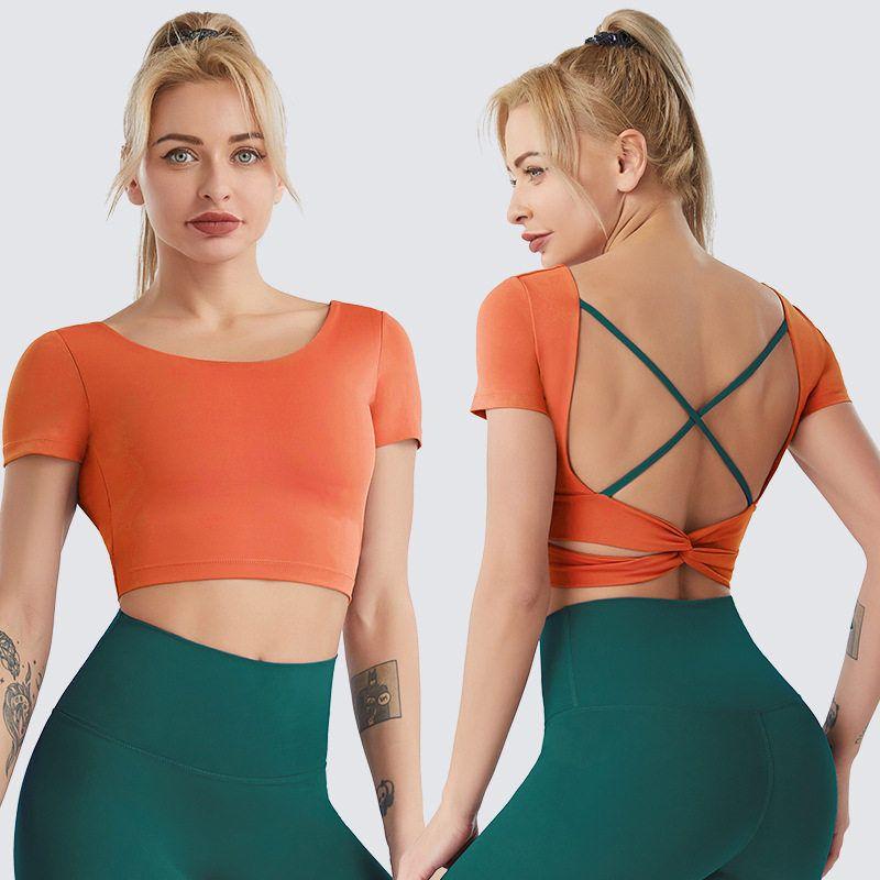 

Cross-Border European and American Yoga Wear for Women, Nude-Feel Beautiful Backless Crop Top, Quick-Dry Tight-Fitting Short-Sleeve Sports T-Shirt Short Sleeves 20W153 Orange (Built-In Chest Pad) M