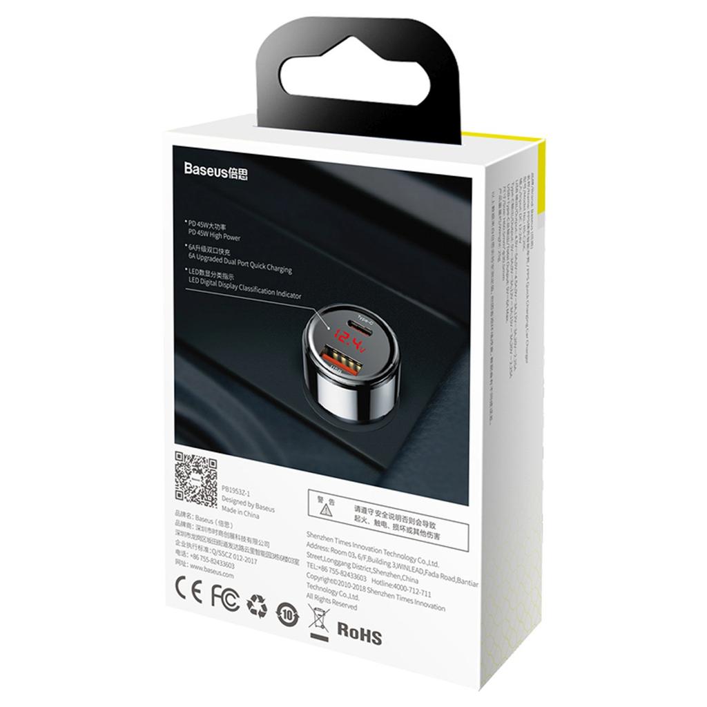 Ładowarka Samochodowa Z Wyświetlaczem Usb-A Usb-C 45 W - Czarna