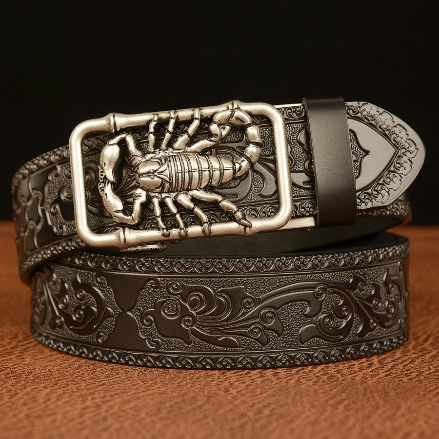 SupSindy Men Genuine Leather Belt Luxury Scorpion Metal Automatic Buckle Cowhide Belts for Men Jeans Waistband Male Strap Black