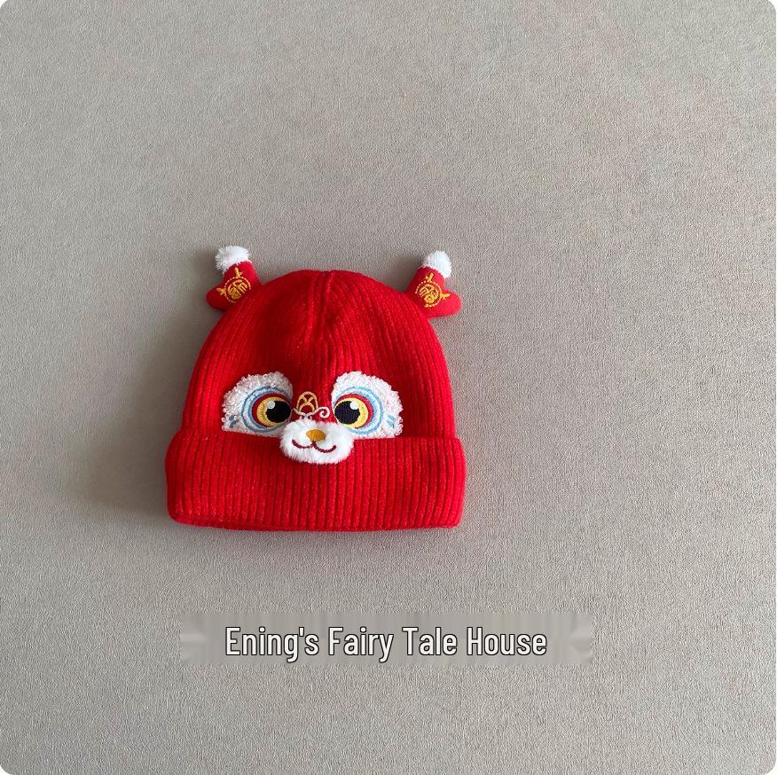 Embroidered Lion Woolen Baby Hat for Boys & Girls - 100-Day Birthday, Warm Ear Protection, Autumn/Winter Style