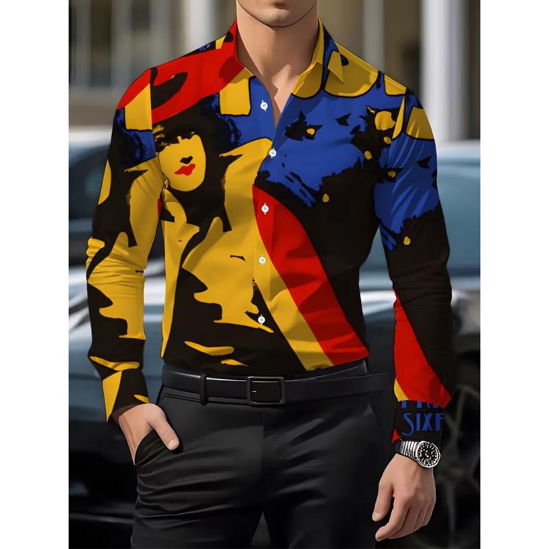 men's long sleeved shirt 3D printed line pattern design and men's lapel button Spring Autumn casual top Men Clothing