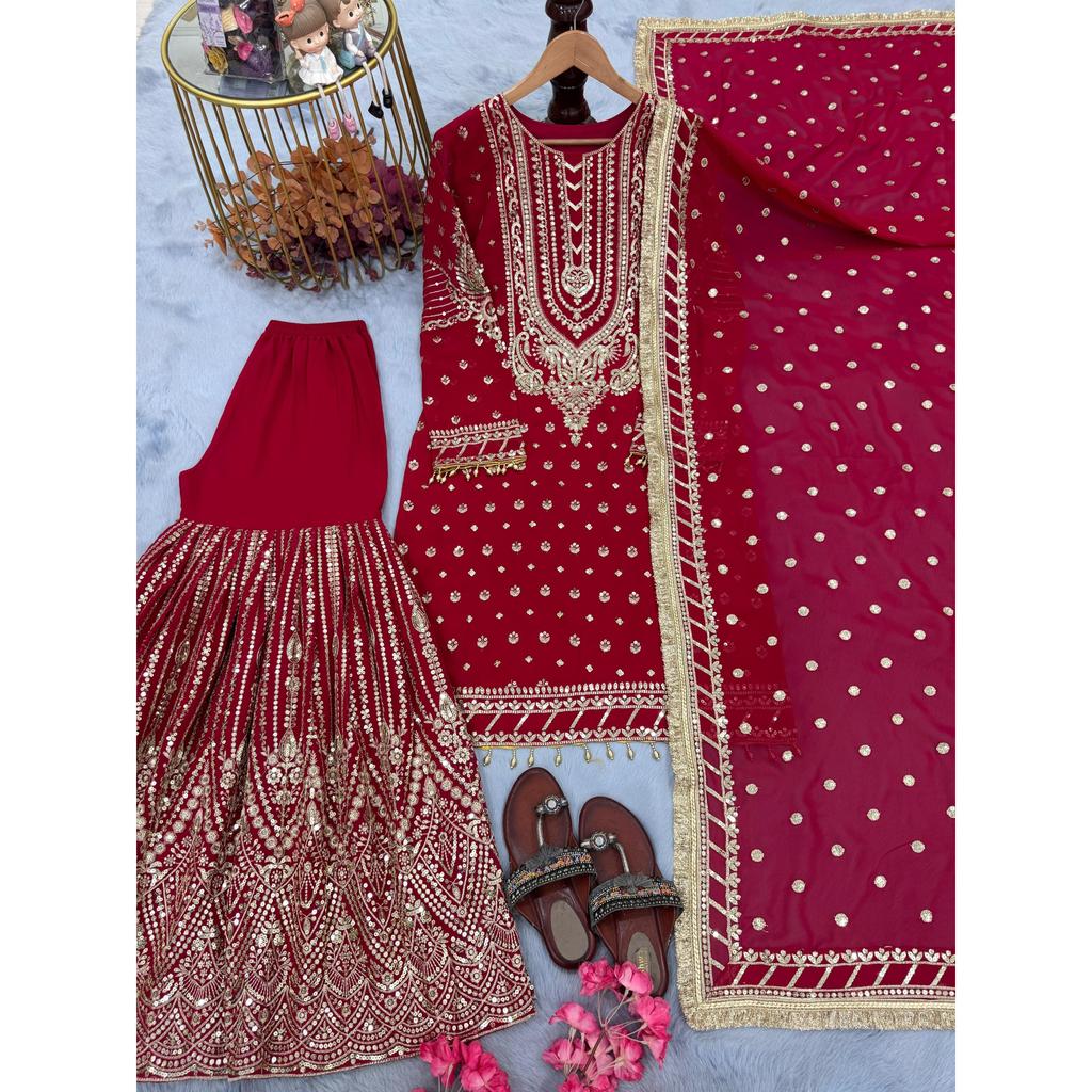 Launching New  Đěsigner Party Wear Look Heavy Faux Georgette Top Plazzo & Dupatta Set
