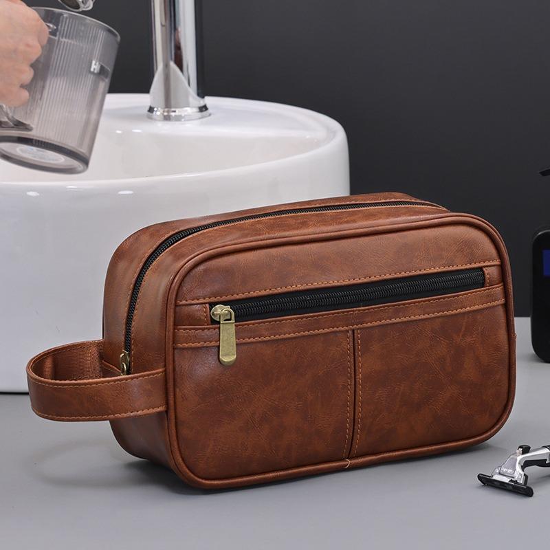 Pánská kožená taška na praní Cestování Služební cesty Přenosná kosmetická taška Velkokapacitní vícekapsový design Ruční kožená taška na praní