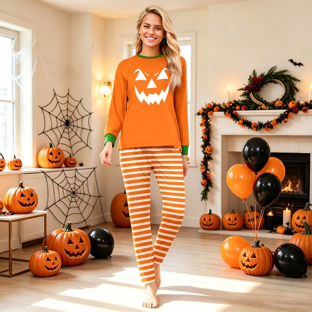 Family Matching Halloween Pajama Sets Long Sleeve Raglan Top and Pants with Face Print for Mom Kids